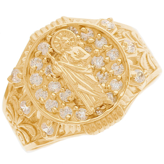 Gold Saint Jude White CZ Mens Religious Ring (emgeedi# R13365)