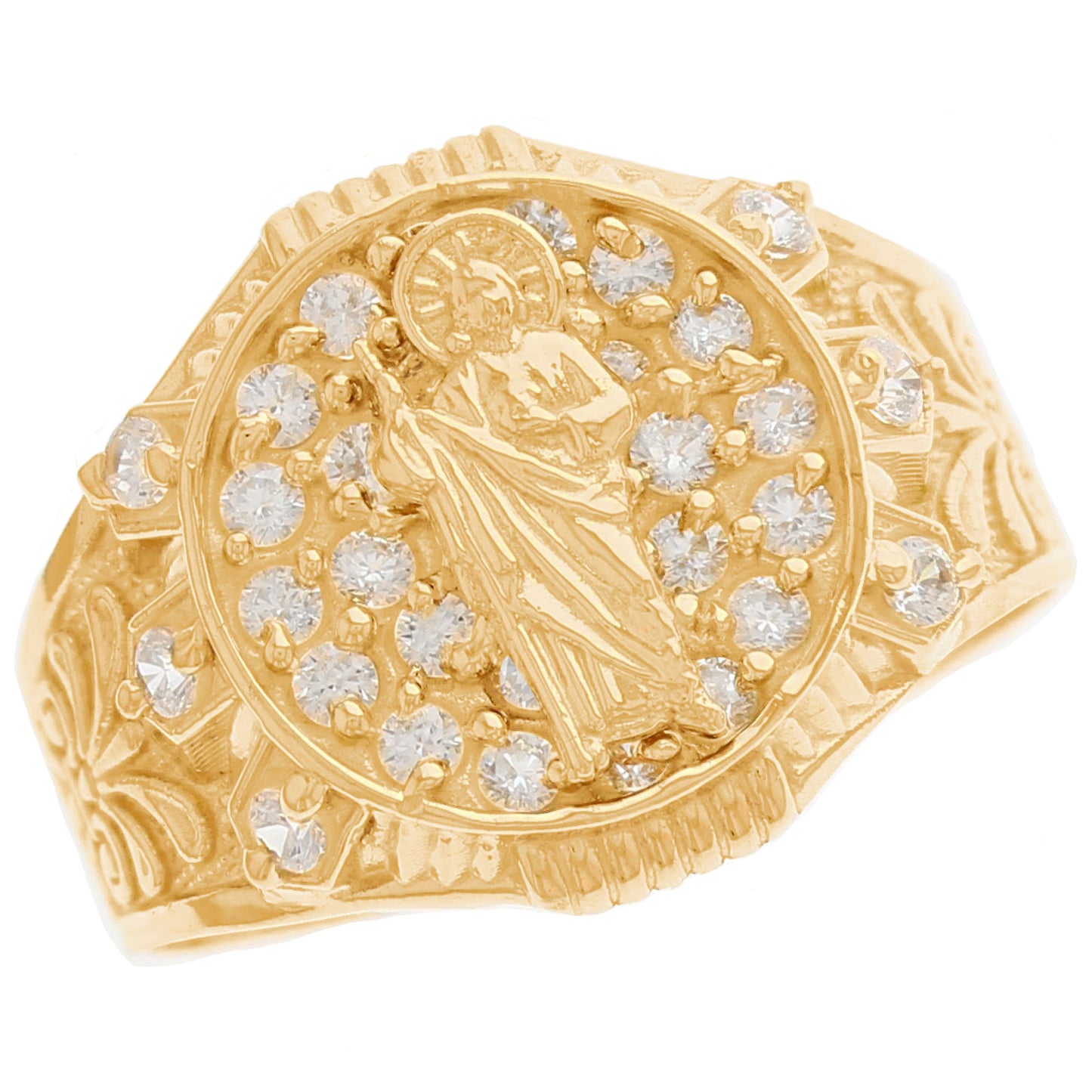Gold Saint Jude White CZ Mens Religious Ring (emgeedi# R13365)
