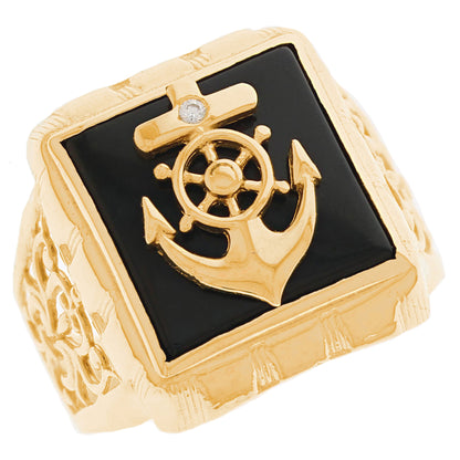 Gold Ship's Wheel and Anchor Black Onyx Mens Nautical Ring (emgeedi# R13395)