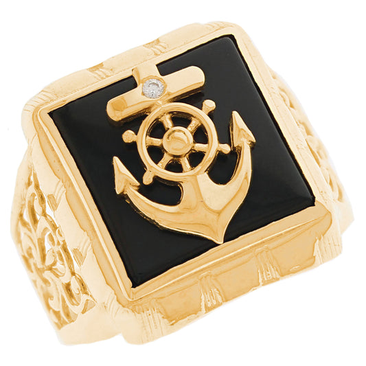 Gold Ship's Wheel and Anchor Black Onyx Mens Nautical Ring (emgeedi# R13395)