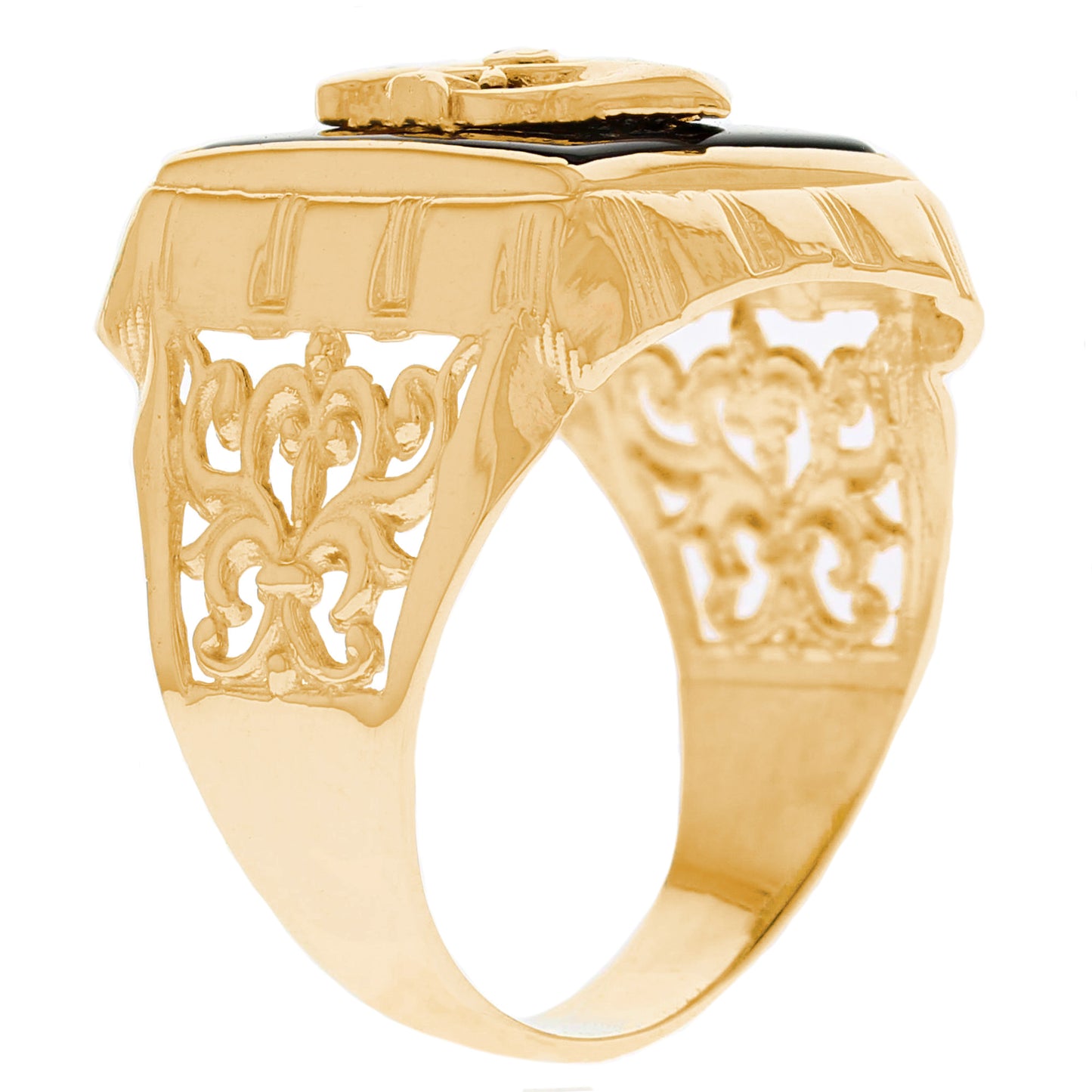 Gold Ship's Wheel and Anchor Black Onyx Mens Nautical Ring (emgeedi# R13395)