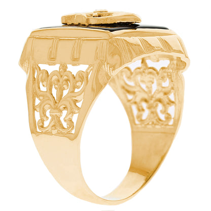 Gold Ship's Wheel and Anchor Black Onyx Mens Nautical Ring (emgeedi# R13395)
