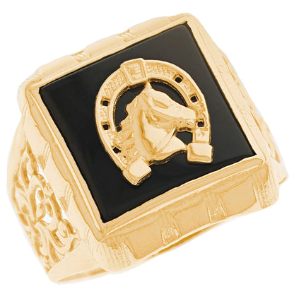 Gold Horseshoe Black Onyx Mens Animal Horse Ring (emgeedi# R13396)