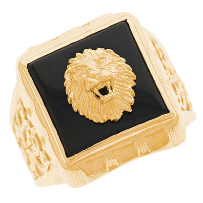 Gold Lion Black Onyx Mens Animal Ring (emgeedi# R13397)