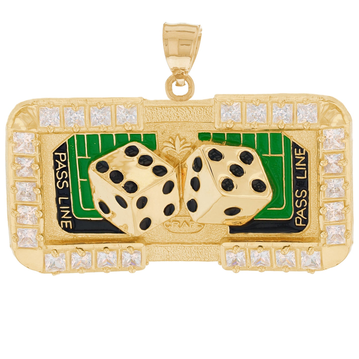 Gold Craps Table White CZ Mens Casino Enameled Pendant (emgeedi# P02512)