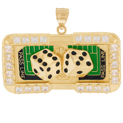 Gold Craps Table White CZ Mens Casino Enameled Pendant (emgeedi# P02512)