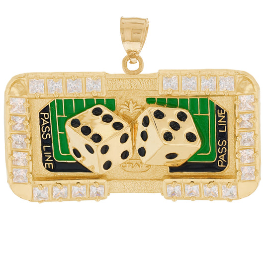 Gold Craps Table White CZ Mens Casino Enameled Pendant (emgeedi# P02512)