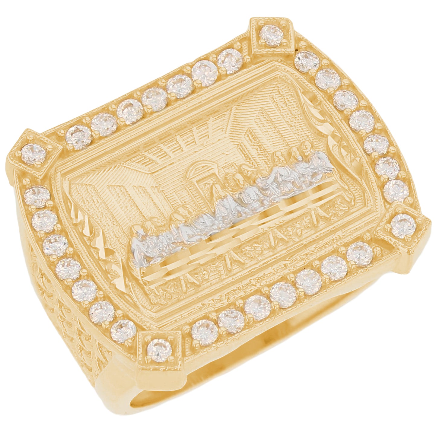Gold Last Supper White CZ Mens Diamond Cut Religious Ring (emgeedi# R13563)