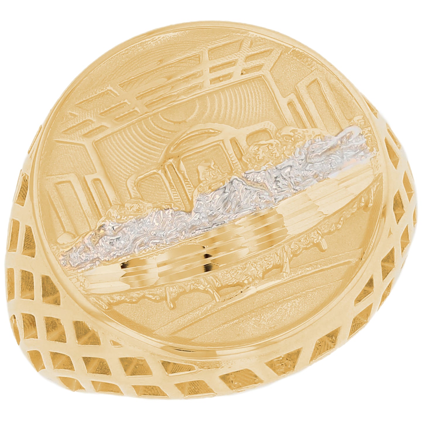 Gold Round Last Supper Mens Diamond Cut Religious Ring (emgeedi# R13566)