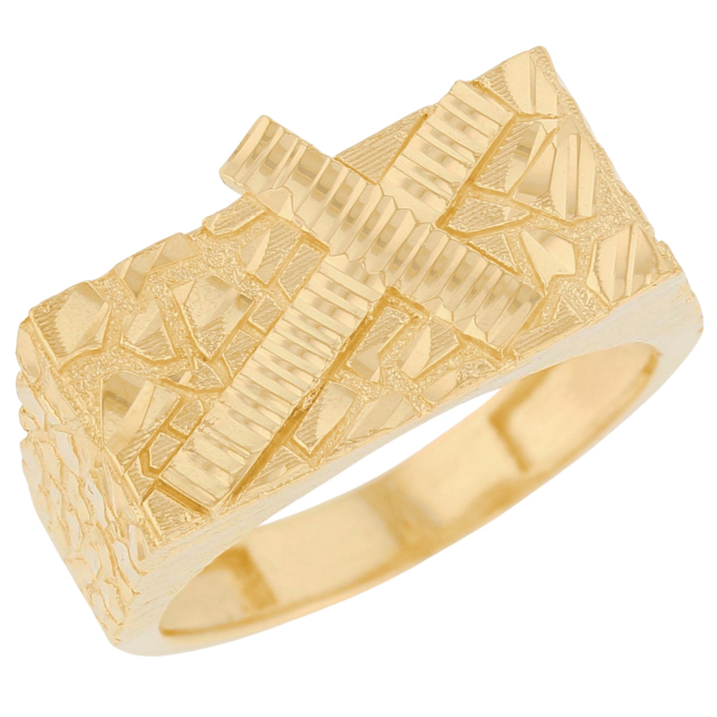 Gold Rectangle Cross Mens Diamond Cut Nugget Religious Ring (emgeedi# R13674)