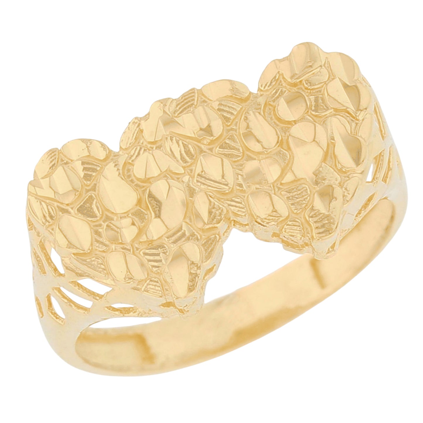 Gold Medium Double Heart Womens Diamond Cut Nugget Ring (emgeedi# R13676)