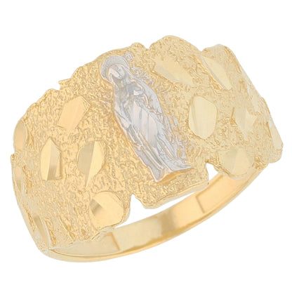 Gold Virgin Mary Nugget Mens Diamond Cut Religious Guadalupe Ring (emgeedi# R13666)