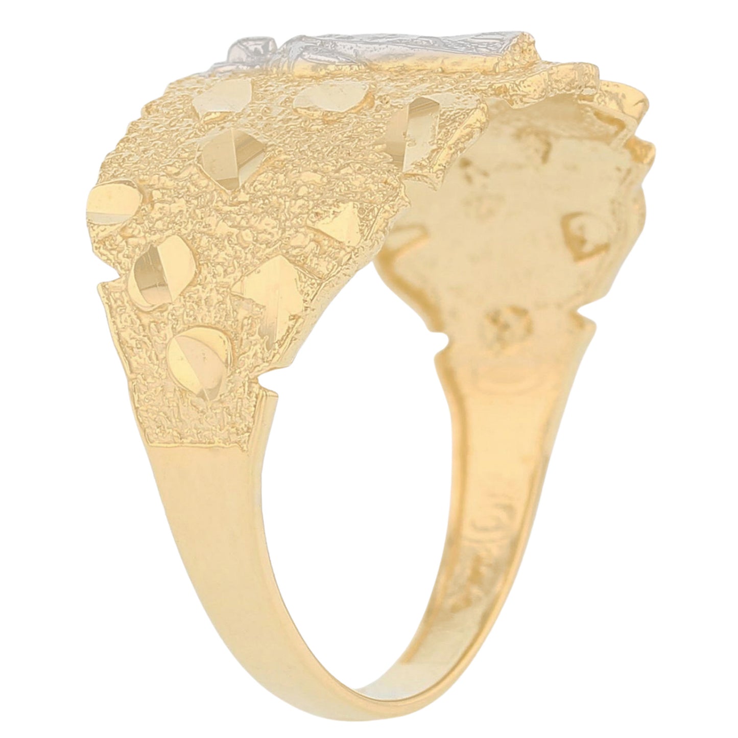 Gold Virgin Mary Nugget Mens Diamond Cut Religious Guadalupe Ring (emgeedi# R13666)
