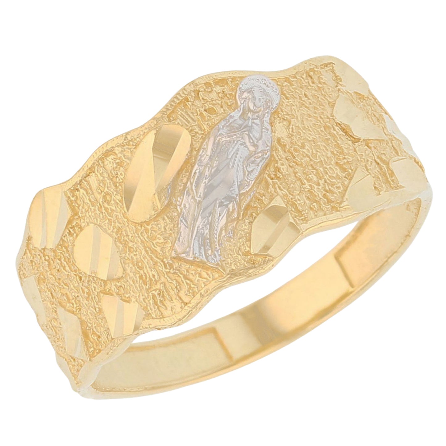 Gold Virgin Mary Nugget Mens Diamond Cut Religious Guadalupe Ring (emgeedi# R13668)