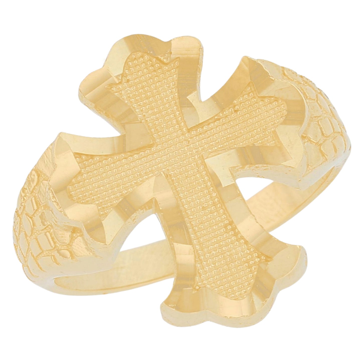 Gold Nugget Shank Cross Mens Religious Diamond Cut Ring (emgeedi# R13732)