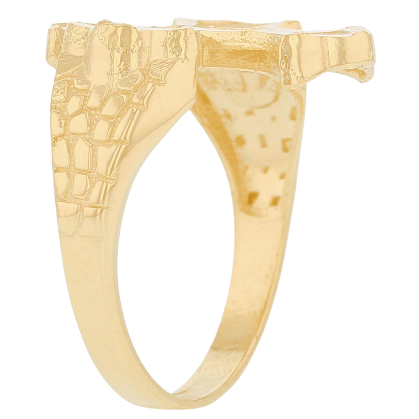 Gold Nugget Shank Cross Mens Religious Diamond Cut Ring (emgeedi# R13732)