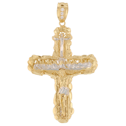 Gold Last Supper Cucifix White CZ Mens Diamond Cut Nugget Religious Cross Crucifix Pendant (emgeedi# P13734)