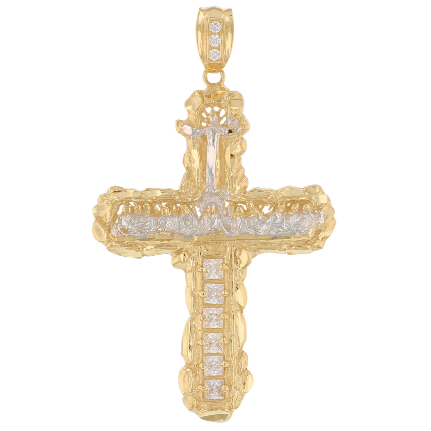 Gold Last Supper Cross White CZ Mens Diamond Cut Nugget Religious Crucifix Pendant (emgeedi# P13735)