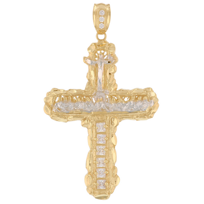 Gold Last Supper Cross White CZ Mens Diamond Cut Nugget Religious Crucifix Pendant (emgeedi# P13735)