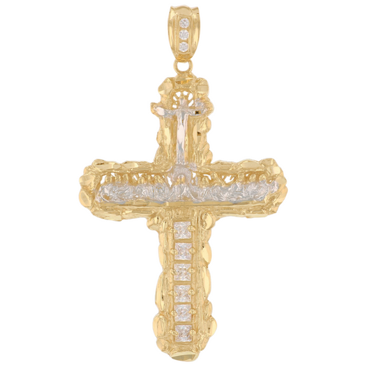 Gold Last Supper Cross White CZ Mens Diamond Cut Nugget Religious Crucifix Pendant (emgeedi# P13735)