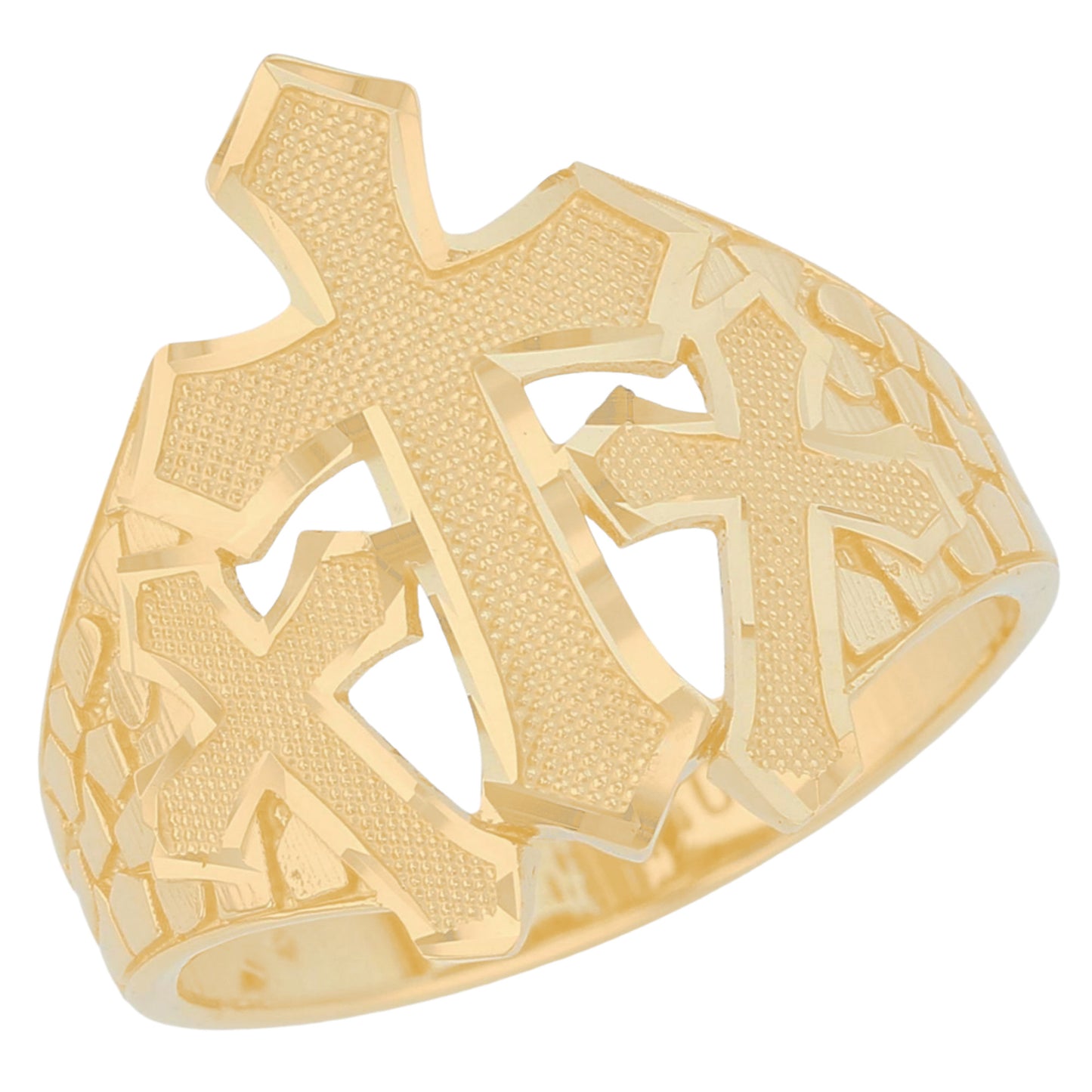 Gold Three Cross Mens Diamond Cut Nugget Religious Ring (emgeedi# R13743)
