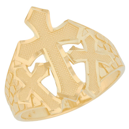 Gold Three Cross Mens Diamond Cut Nugget Religious Ring (emgeedi# R13743)