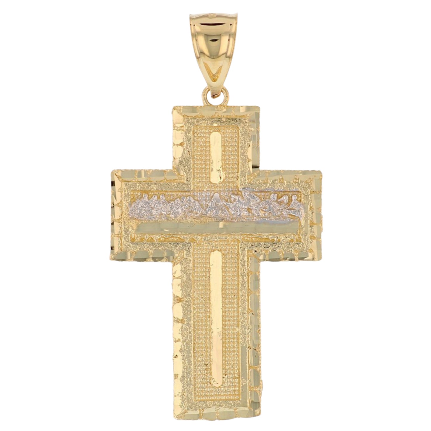 Gold Medium Last Supper Mens Religious Diamond Cut Nugget Cross Jesus Pendant (emgeedi# P13779)