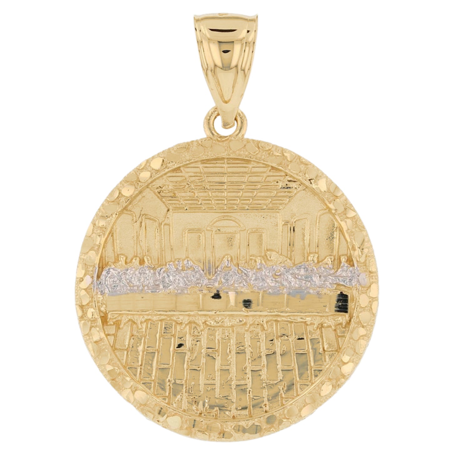 Gold Medium Round Last Supper Mens Diamond Cut Nugget Religious Jesus Pendant (emgeedi# P13788)