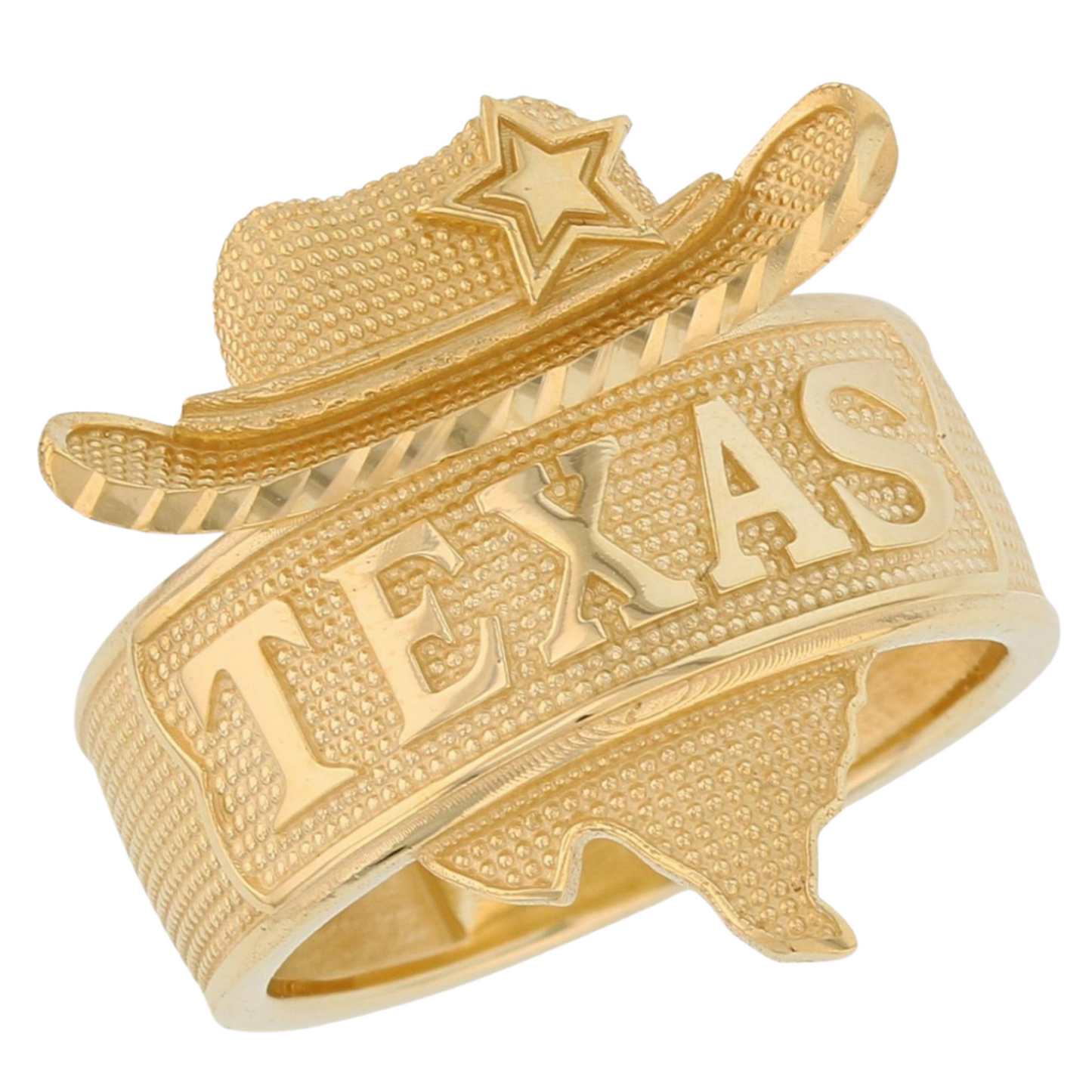 Gold Texas Map and Cowboy Hat Mens Diamond Cut Ring (emgeedi# R13792)