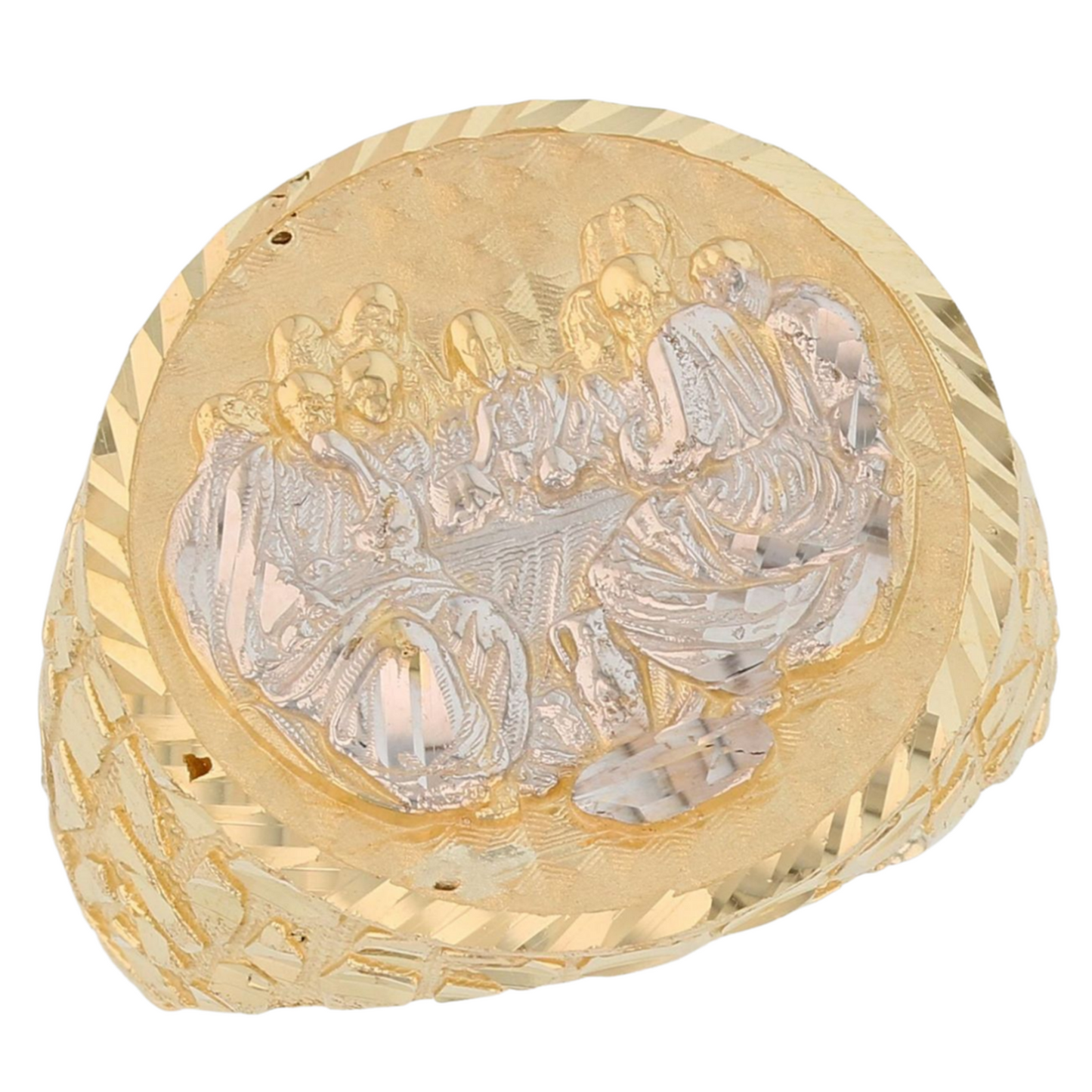 Gold Round Last Supper Mens Diamond Cut Nugget Religious Jesus Ring (emgeedi# R13798)
