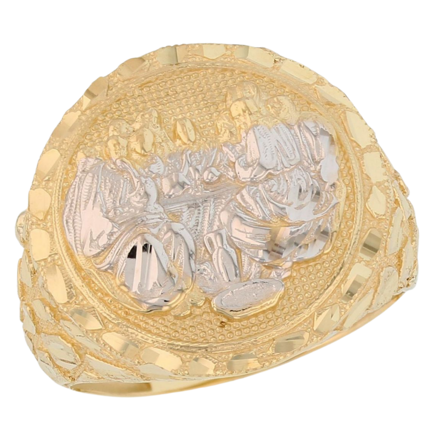 Gold Small Round Last Supper Mens Diamond Cut Nugget Religious Jesus Ring (emgeedi# R13799)