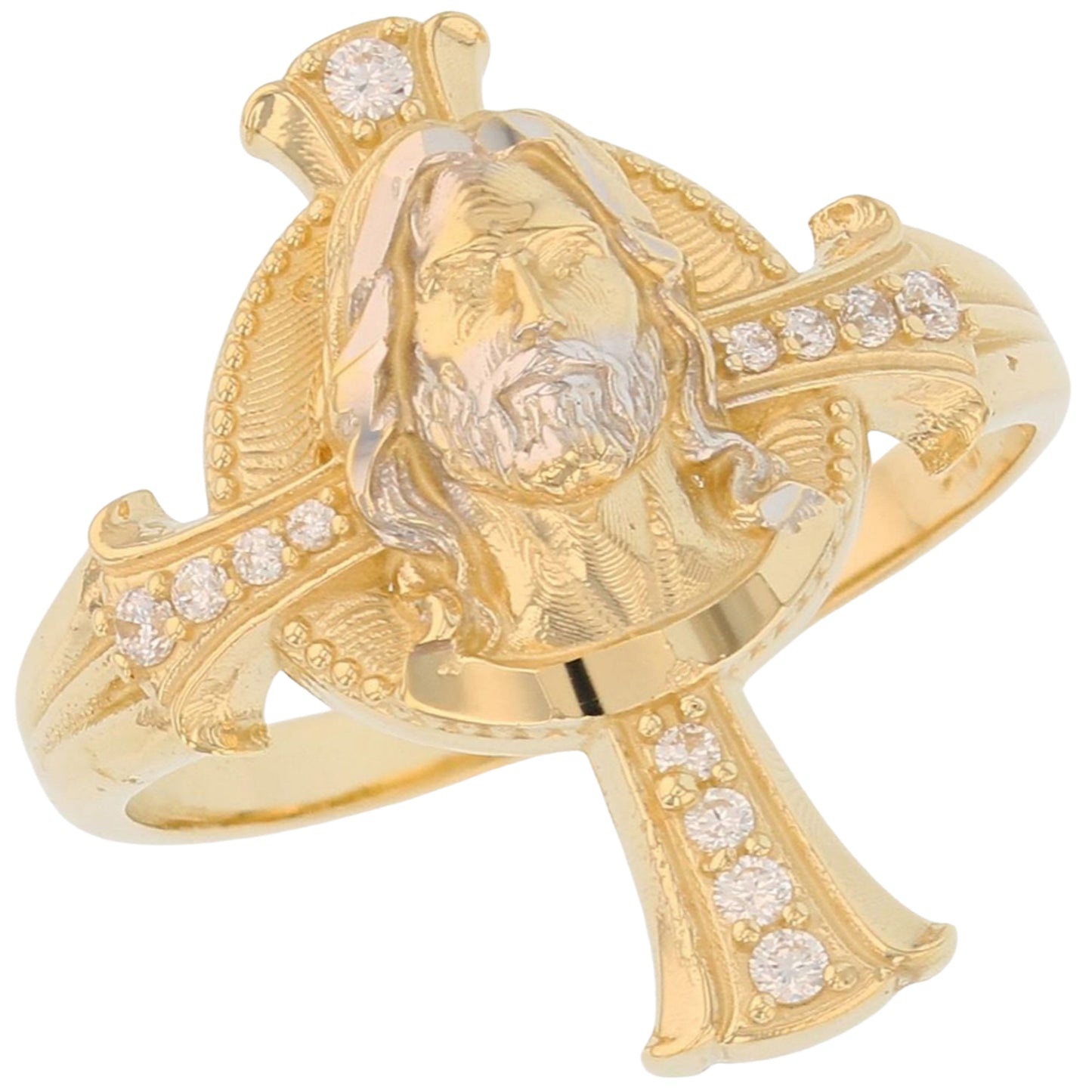 Gold Cross with Jesus White CZ Mens Diamond Cut Religious Ring (emgeedi# R13803)