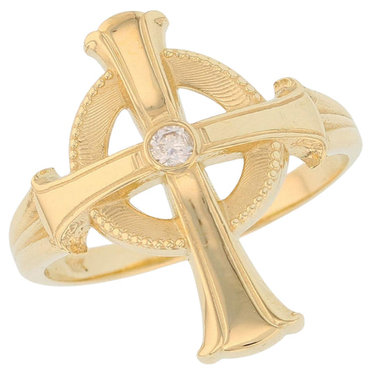 Gold Celtic Cross White CZ Mens Religious Ring (emgeedi# R13802)