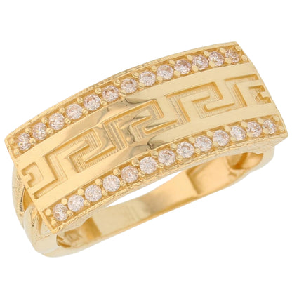 Gold Greek Key Rectangle White CZ Mens Ring (emgeedi# R13804)