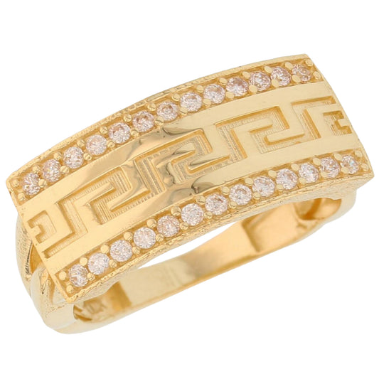 Gold Greek Key Rectangle White CZ Mens Ring (emgeedi# R13804)