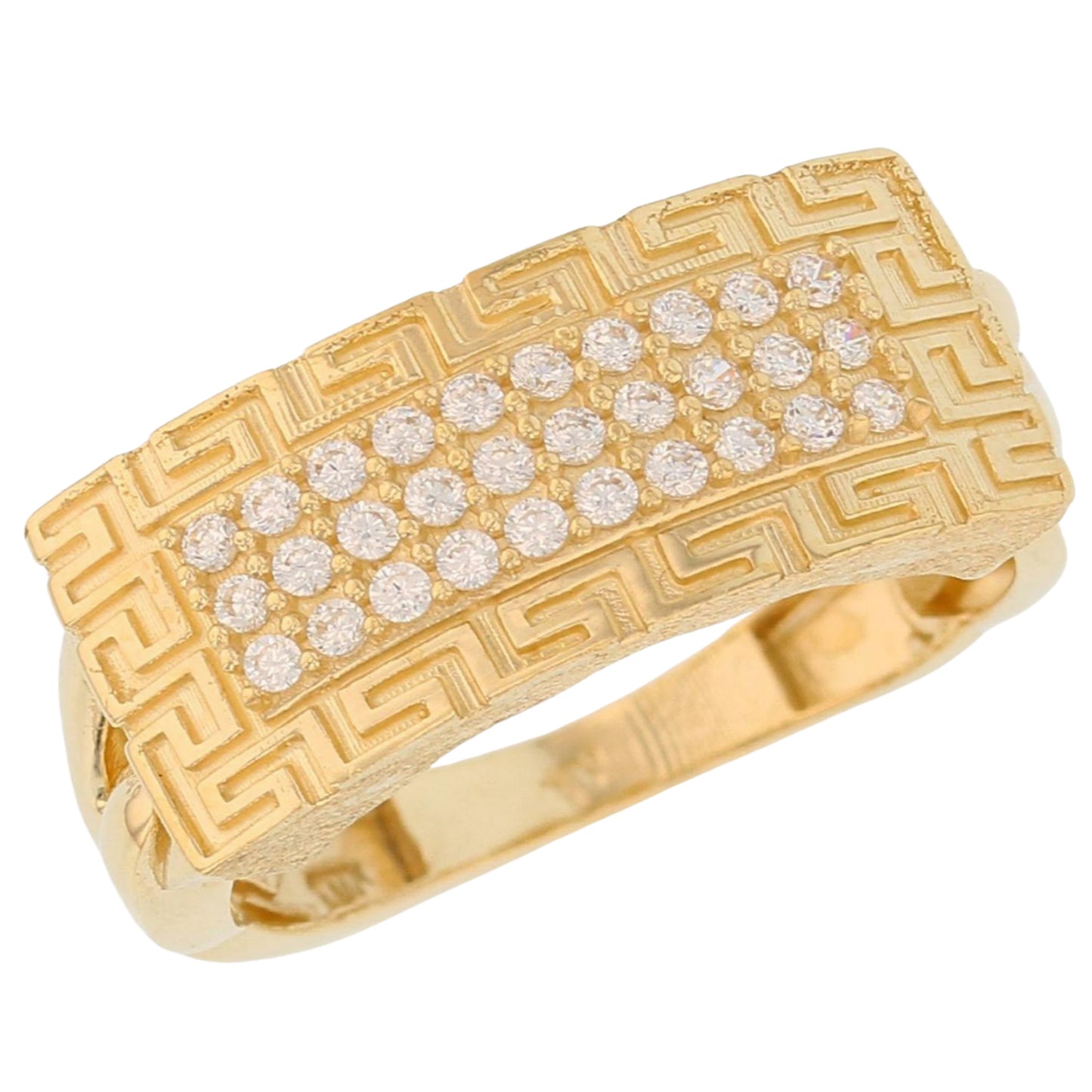 Gold Greek Key Frame White CZ Mens Ring (emgeedi# R13805)
