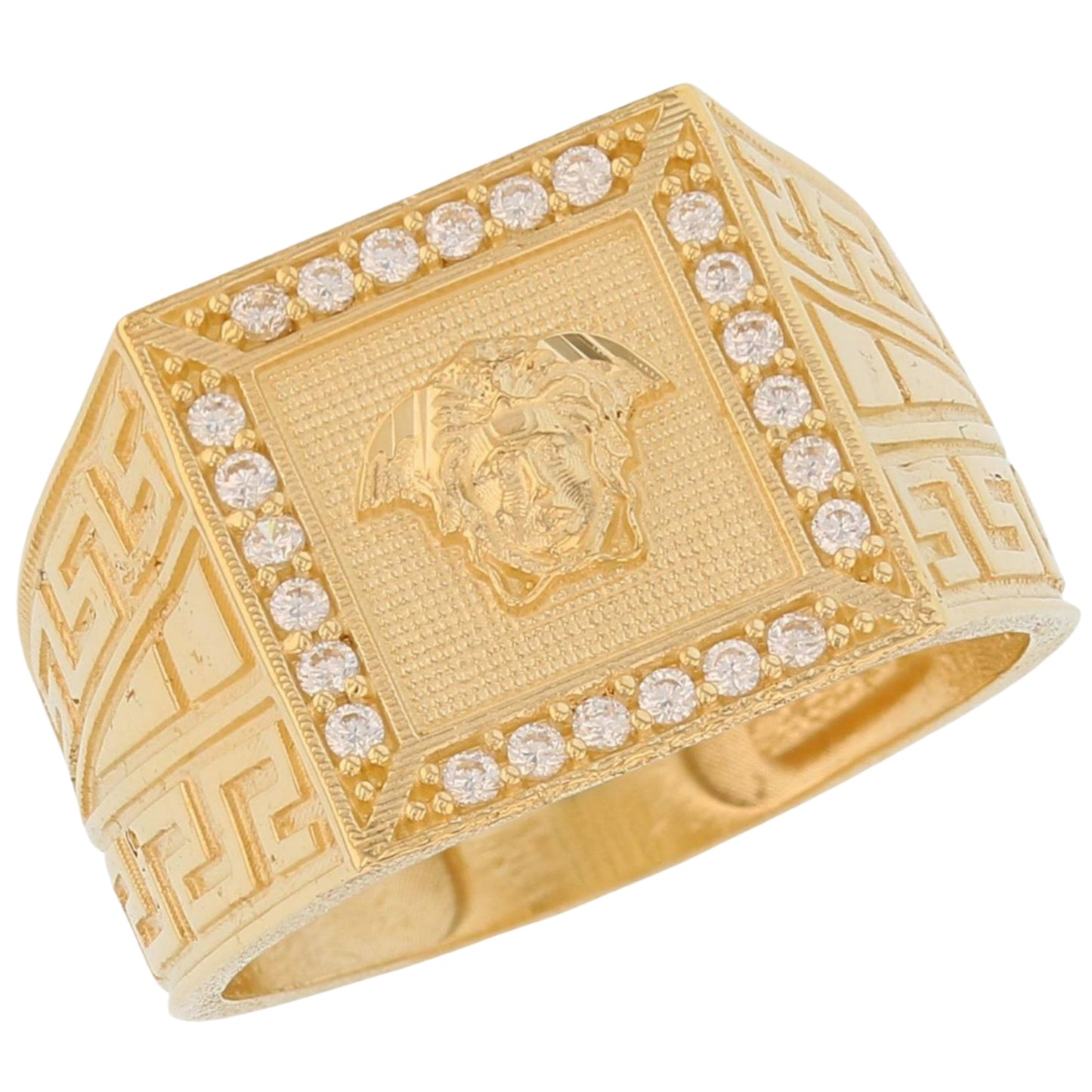 Gold Square Medusa White CZ Mens Greek Ring (emgeedi# R13806)