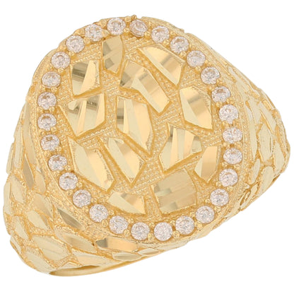 Gold Large Oval White CZ Mens Diamond Cut Nugget Ring (emgeedi# R13807)