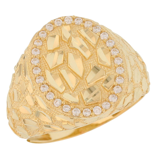 Gold Medium Oval White CZ Mens Diamond Cut Nugget Ring (emgeedi# R13808)