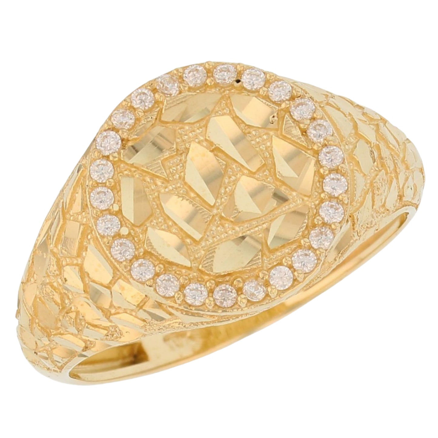 Gold Small Round White CZ Mens Diamond Cut Nugget Ring (emgeedi# R13809)