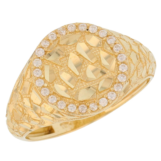 Gold Small Round White CZ Mens Diamond Cut Nugget Ring (emgeedi# R13809)