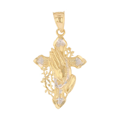 Gold Small Cross with Praying Hands and Thorns Unisex Diamond Cut Religious Pendant (emgeedi# P13914)