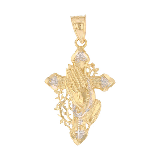 Gold Small Cross with Praying Hands and Thorns Unisex Diamond Cut Religious Pendant (emgeedi# P13914)