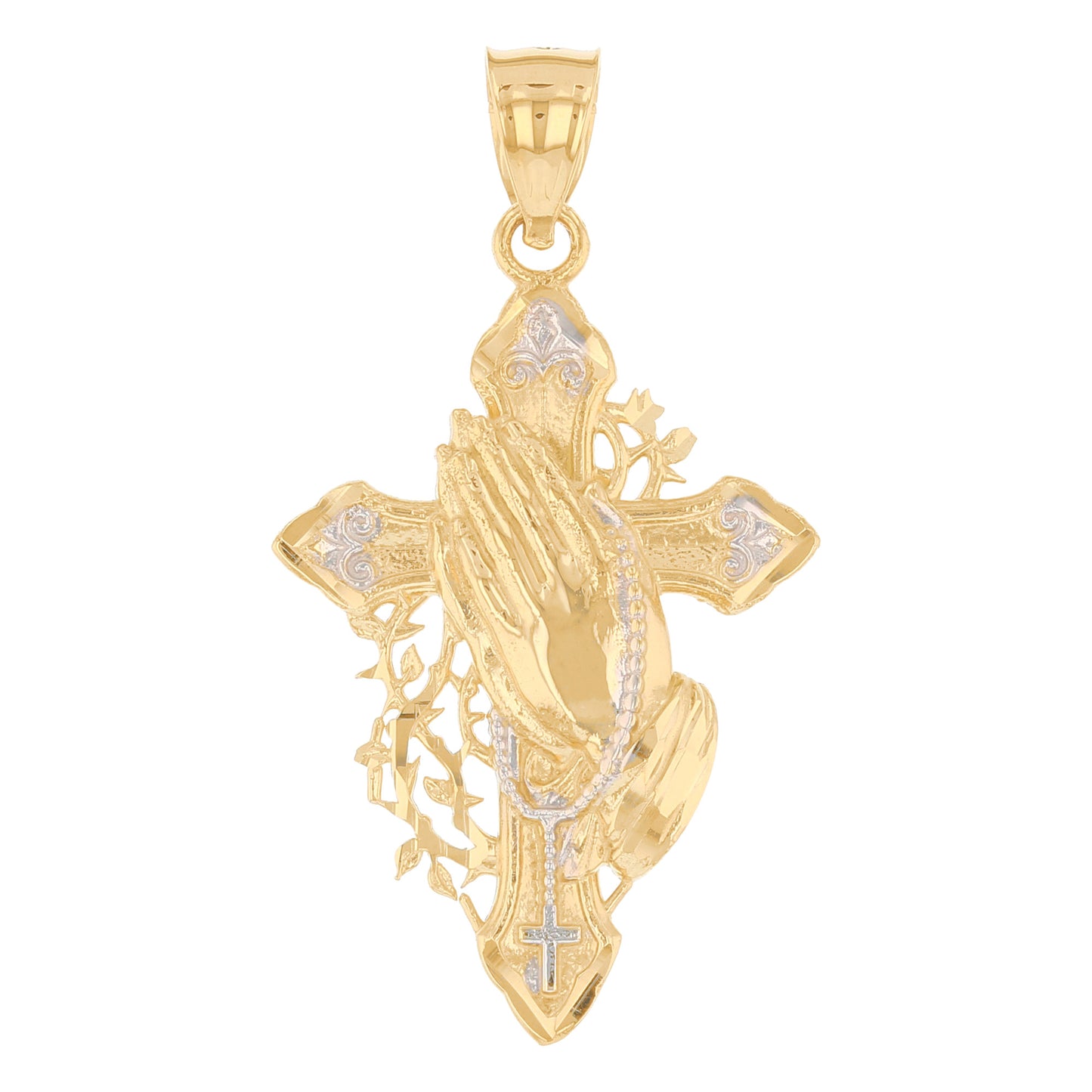 Gold Medium Cross with Praying Hands and Thorns Unisex Diamond Cut Religious Pendant (emgeedi# P13915)