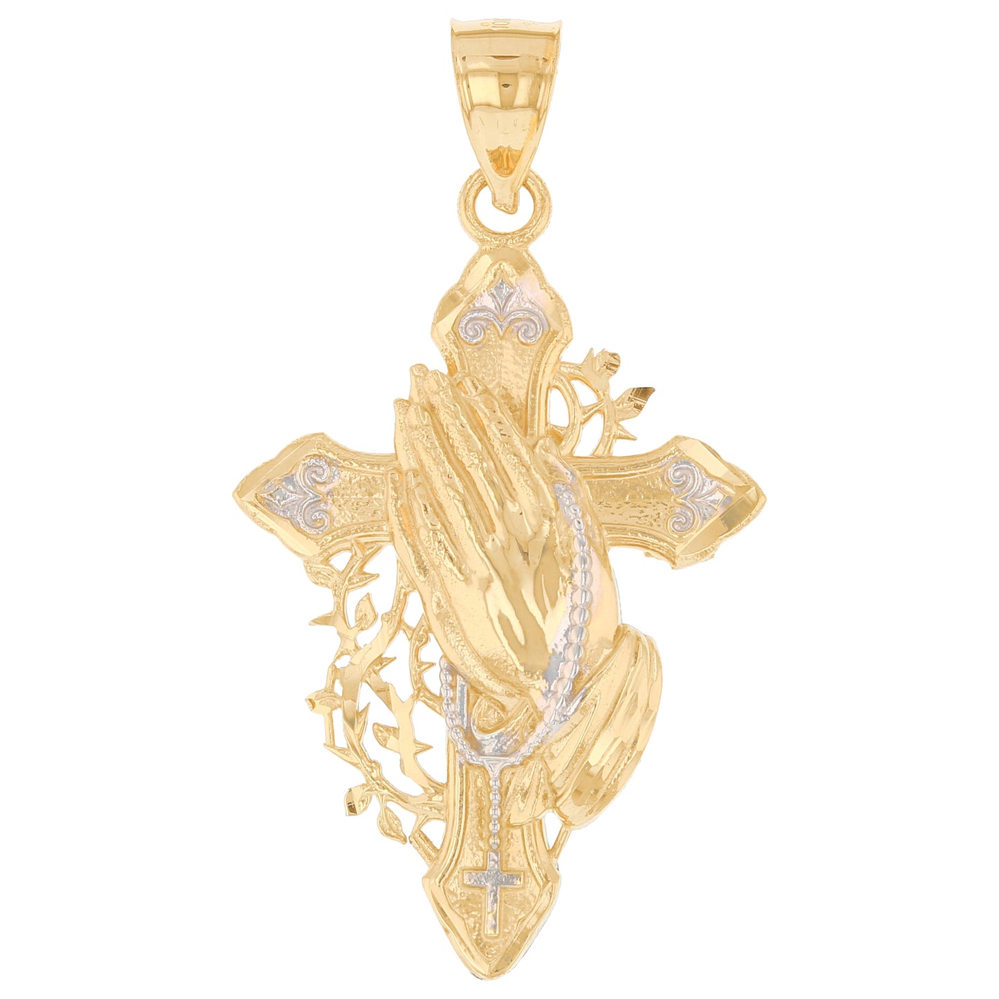 Gold Large Cross with Praying Hands and Thorns Unisex Diamond Cut Religious Pendant (emgeedi# P13916)