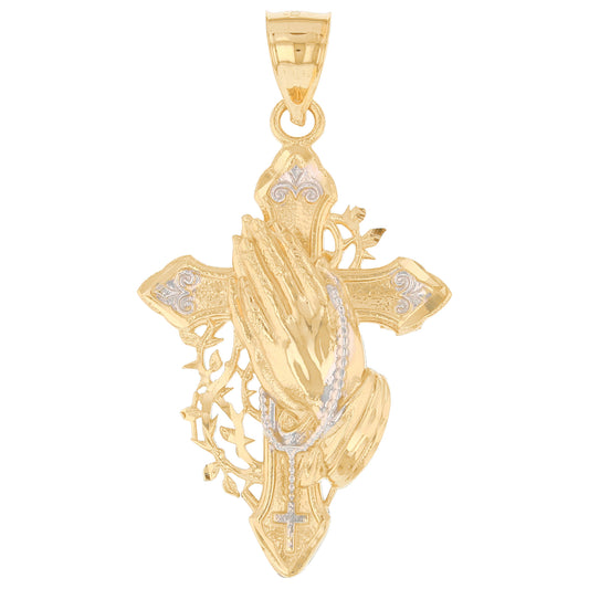 Gold Large Cross with Praying Hands and Thorns Unisex Diamond Cut Religious Pendant (emgeedi# P13916)