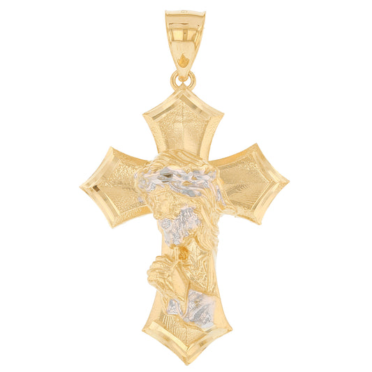 Gold Cross with Praying Jesus Mens Diamond Cut Religious Pendant (emgeedi# P13918)
