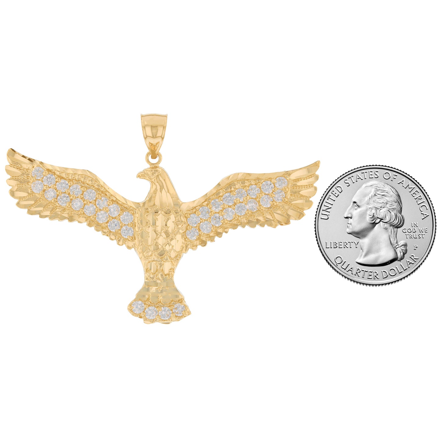 Gold Large Patriotic Eagle White CZ Mens Animal Diamond Cut Pendant (emgeedi# P14099)