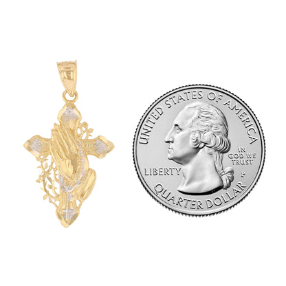 Gold Small Cross with Praying Hands and Thorns Unisex Diamond Cut Religious Pendant (emgeedi# P13914)