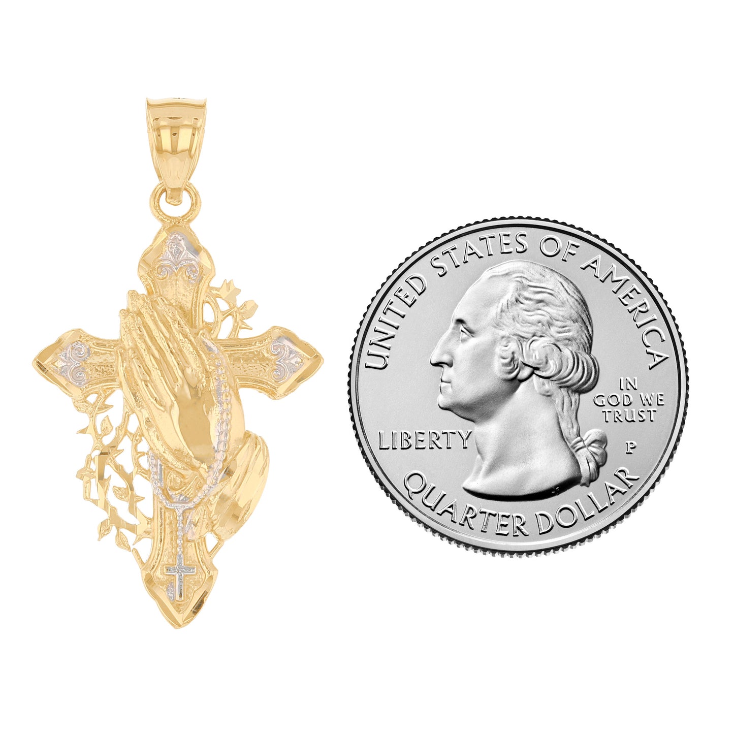 Gold Medium Cross with Praying Hands and Thorns Unisex Diamond Cut Religious Pendant (emgeedi# P13915)